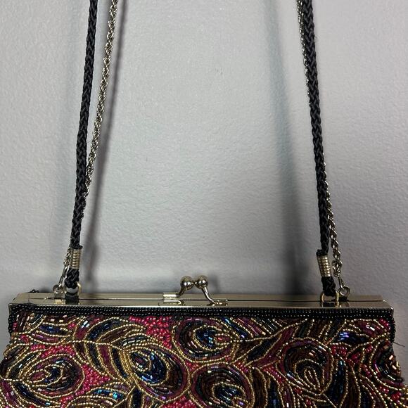 La Regale evening bag beaded peacock feathers colorful sparkle party prom VTG￼￼ - Picture 8 of 8